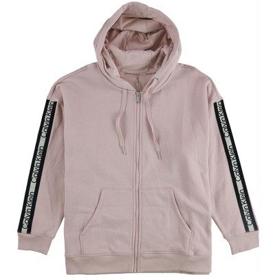Calvin Klein Womens Logo Stripe Hoodie Sweatshirt, Pink, 1X