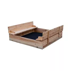 Be Mindful 50 x 48-Inch Solid Wood Natural Finish Untreated Extra Large Outdoor Kids Sandbox with Lid Cover and Folding Bench Seat