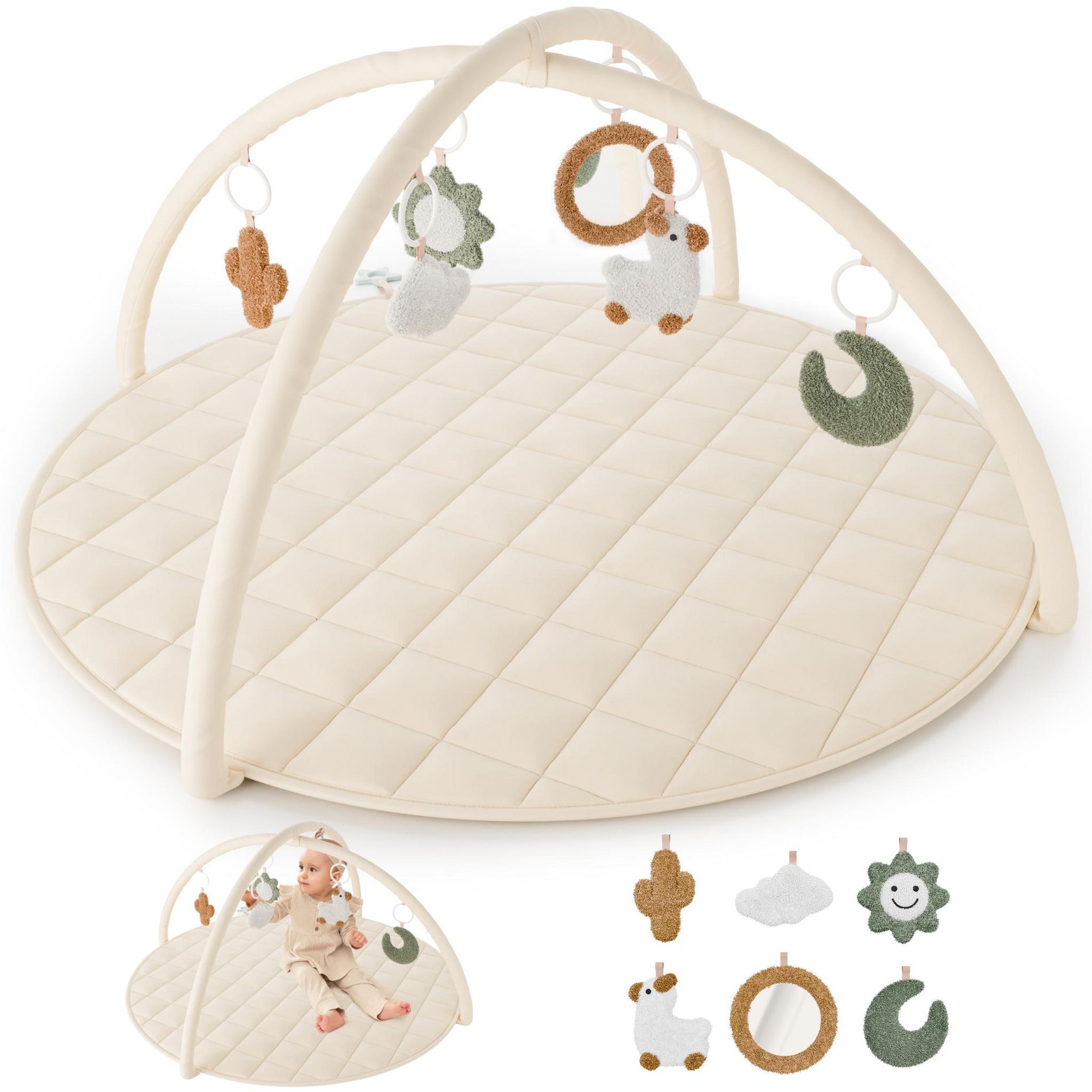 Baby Play Gym & Tummy Time Mat - Soft Cotton Mat with 6 Toys for Boys/Girls - Stylish Activity Playmat for Infant Development & Playroom Decor