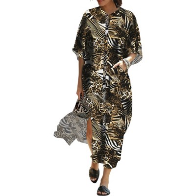 Anna-Kaci Women's Leopard Turkish Kaftan Pockets Swimwear Bikini Cover Up Maxi Dress