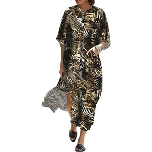 Anna-Kaci Women's Leopard Turkish Kaftan Pockets Swimwear Bikini Cover Up Maxi Dress - 1 of 4