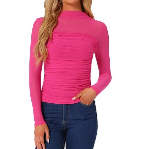INSPIRE CHIC Women's Solid Mock Neck Mesh Sheer Long Sleeve Ruched Blouses - 1 of 4
