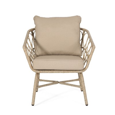 Beige Wicker and Iron Armchair Set with Cushions