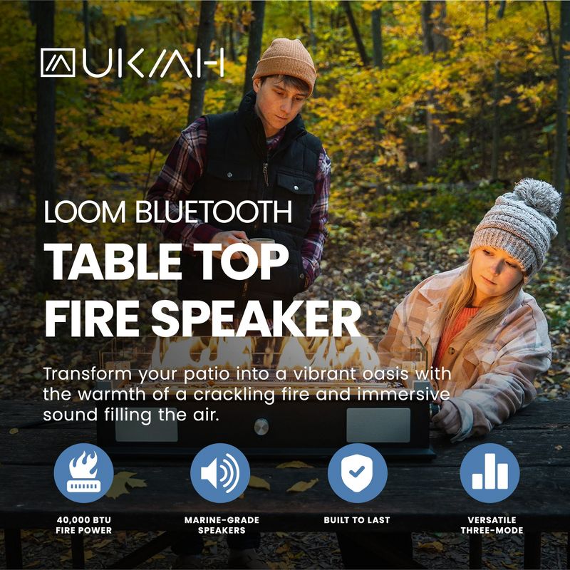Ukiah Co. LOOM 40,000 BTU Powder Coated Steel Rechargeable Bluetooth 3 Mode Tabletop Propane Fire Pit with Speaker Sound System, Black, 2 of 7