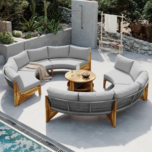 3pc Patio Conversation Set, 6-Person Half Moon Outdoor Patio Furniture Set with Cushions & Coffee Table, Steel Frame+Acacia Wood - ModernLuxe - 1 of 4