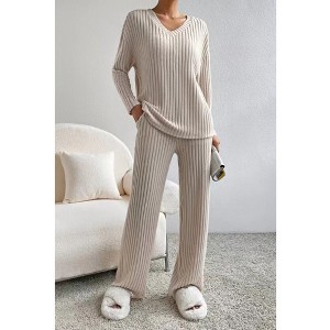 V For City Women's Fall/Winter Ribbed Knit Loungewear Set Loose V-Neck Top & Straight-Leg Pants Pajama Set - 1 of 4