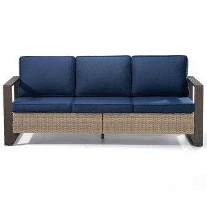 COWLOWN Dark Blue Outdoor Rattan Patio Sofa, 3-Seat Wicker Couch with Armrests and Cushions, Weather-Resistant Furniture for Backyard, Garden, Porch - 1 of 4