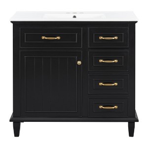 Gulches 36 in 18 in Undermount Rectangular Bathroom Sink in Black Poplar Rubberwood MDF Ceramic with 4 Drawers Adjustable Shelf Zinc Alloy Handles - 1 of 4