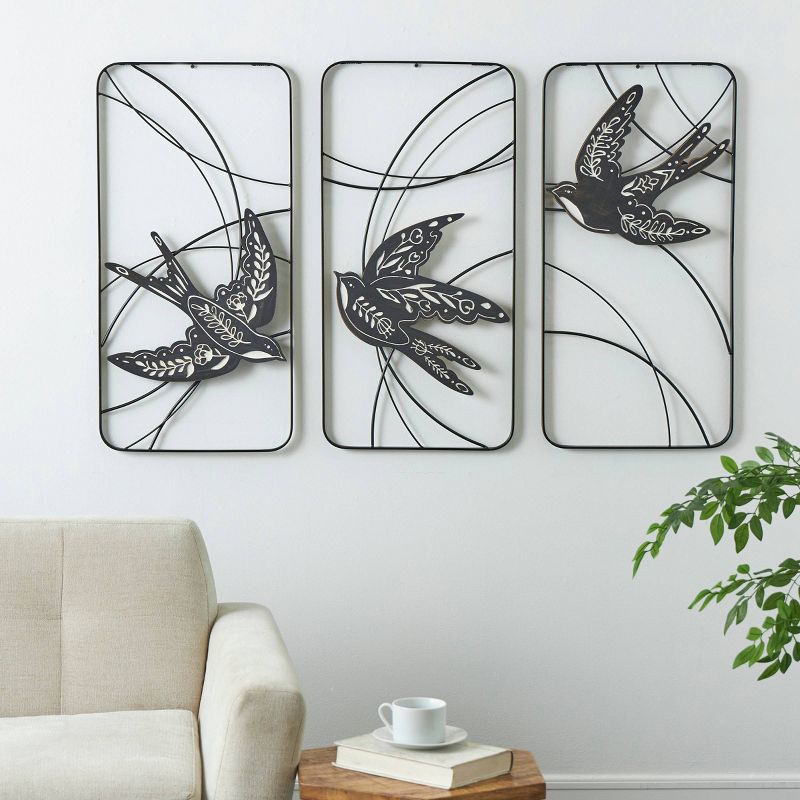 Set of 3 Metal Bird Open Frame Wire Wall Decors with White Floral Patterns Black - Olivia &#38; May, 2 of 10