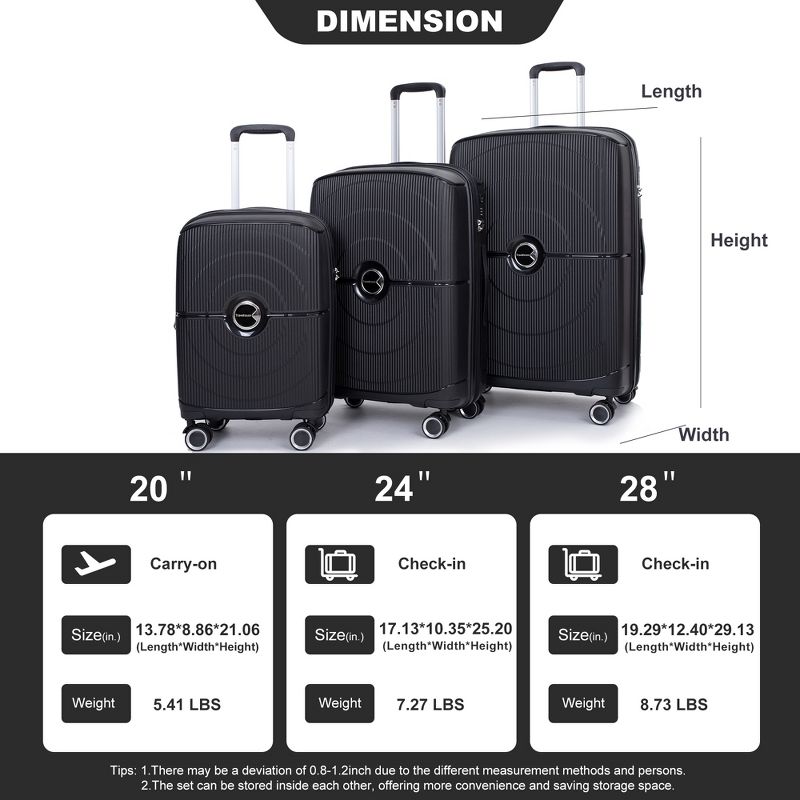 3 PCS Expanable Luggage Set, PP Lightweight Hardshell Spinner Wheel Suitcase with TSA Lock (20+24+28)-ModernLuxe, 2 of 13