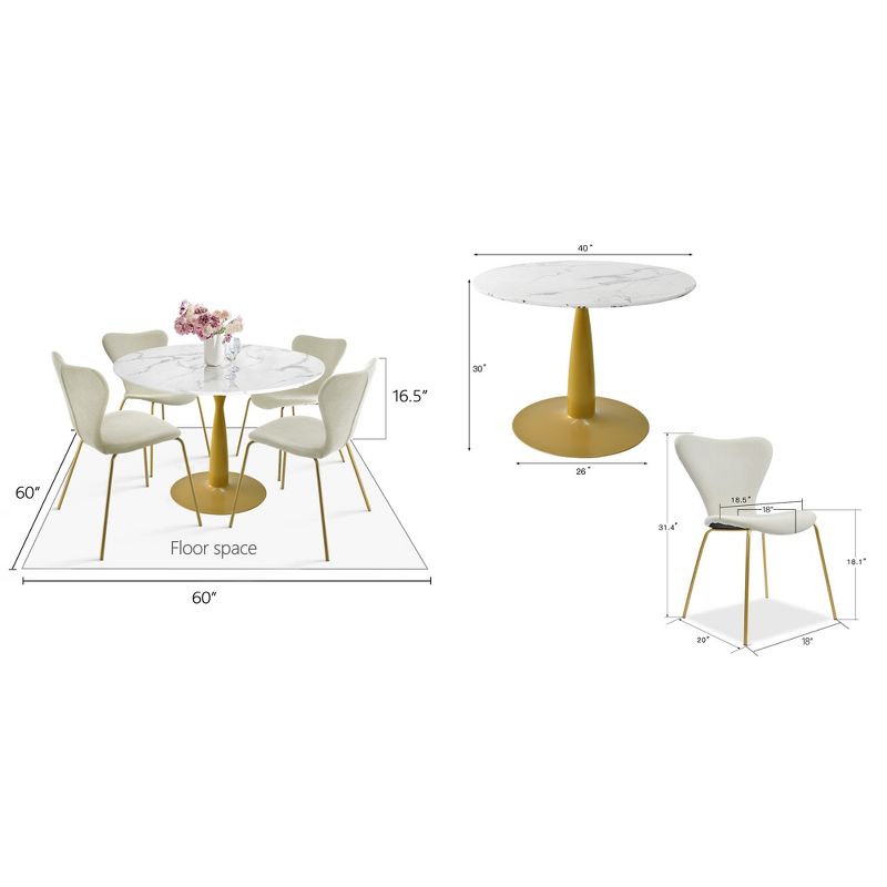 Harris+Flavia 5-Piece Round-Shaped Artificial Marble Dining Table Set With 4 Velvet Upholstered Chairs Gold Legs -The Pop Maison, 4 of 9