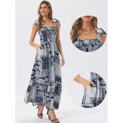 Женские платья INSPIRE CHIC Women's Square Neck Sleeveless Elastic Waist A-Line Maxi Dress Medium Navy Blue — фото 2