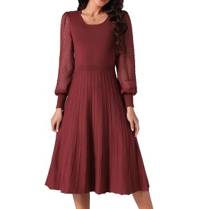 Seta T Women's Mesh Puff Long Sleeve U-neck Pleated Ribbed Knit Midi Sweater Dress - 1 of 4