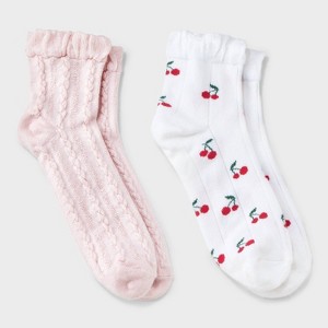 Women's Cherries 2pk Ankle Socks with Ruffle Cuff - Auden™ White/Pink 4-10 - 1 of 3