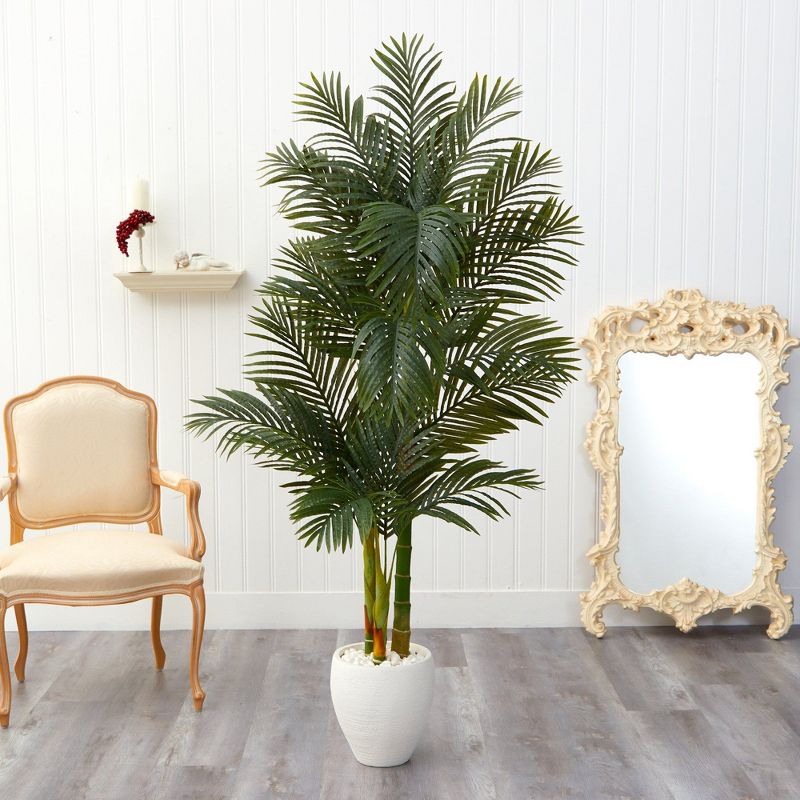 Nearly Natural 6-ft Golden Cane Artificial Palm Tree in White Planter, 3 of 5
