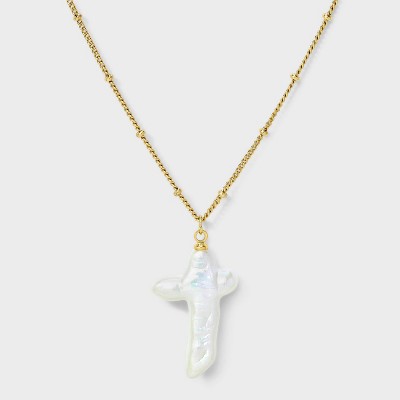 14K Gold Dipped Pearl Cross Necklace - Gold/Ivory