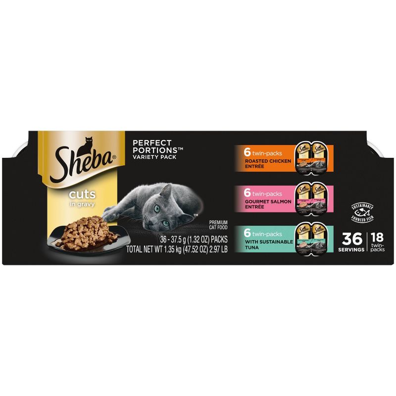 Sheba Perfect Portions Cuts In Gravy Chicken, Salmon &#38; Tuna Entr&#233;e Premium Adult Wet Cat Food - 2.6oz/18ct Variety Pack, 1 of 7