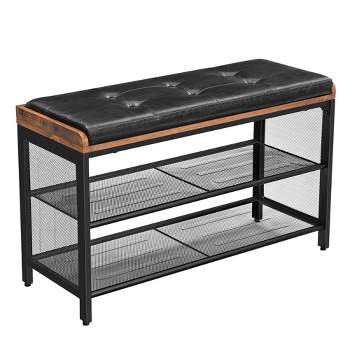 VASAGLE Padded Storage Bench with Mesh Shelf, Shoe Rack, Metal Frame, Imitation Leather, 11.8" D x 31.5" W x 18.9" H, Rustic Brown