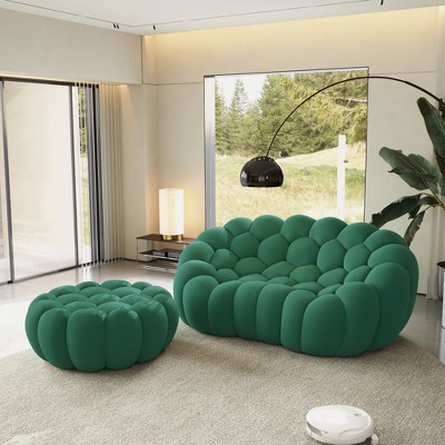 WJSHome Loveseat Bubble Sofa with Ottoman, Curved Couch, Comfy Upholstered Sofa, Mesh Fabric 3D Honeycomb Shape Modern Couch