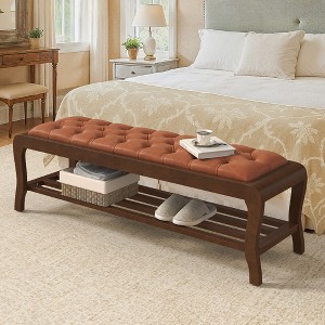 Arceso Bedroom Bench, 49" End of Bed Bench with Shelf, PU Leather Upholstered Entryway Bench with Wooden Legs, Storage Ottoman Bench for Bedroom - 1 of 4