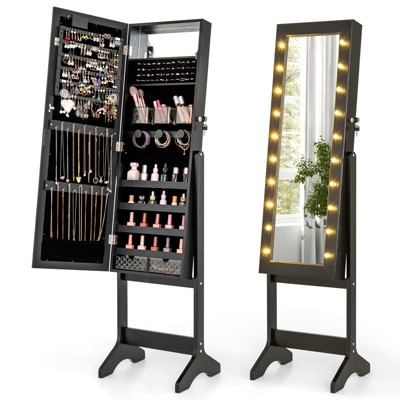 Tangkula Jewelry Armoire Cabinet Standing Lockable Jewelry Organizer with Lighted Full-Length Mirror Black/Rustic Brown/White
