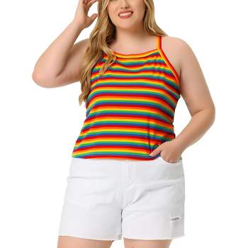 EHQJNJ Camisole Tops for Women Plus Size Long Spring and Summer Camisole  Stitching Contrast Color Stripe Knitted Loose Casual V Neck Vest Tank Top  for