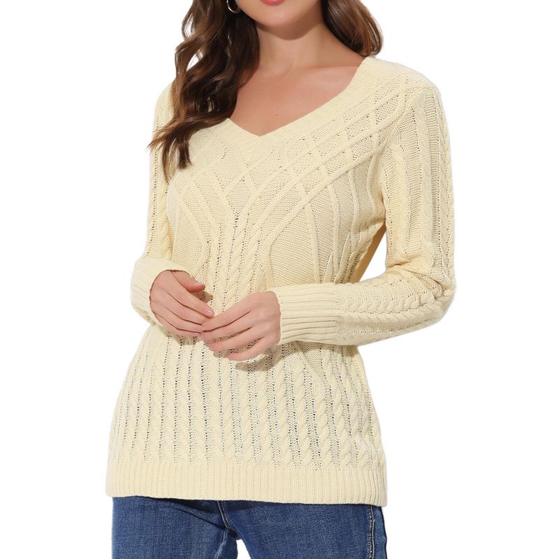 Allegra K Women's Fall Cable Long Sleeves V Neck Knit Pullover Sweater, 1 of 6