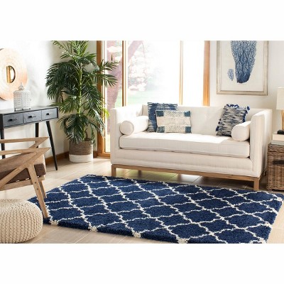 Navy and Ivory Geometric Shag Area Rug 4' x 6'