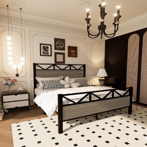 ORRD Full Size Bed Frame with Headboard and Footboard, Industrial Metal and Wood Platform Bed, Easy Assembly, Brown - 1 of 4