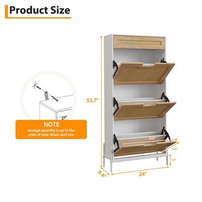Natural Rattan Shoe Cabinet with 3 Flip Drawers, Narrow Shoe Storage Cabinet with 3-Tier Adjustable Shelves, Freestanding Hidden Shoe Rack Organizer