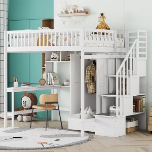 PAGED Full Size Loft Bed with Desk, Modern Wooden Bed Frame with Shelves, Wardrobe and Storage Stair for Bedroom - 1 of 4