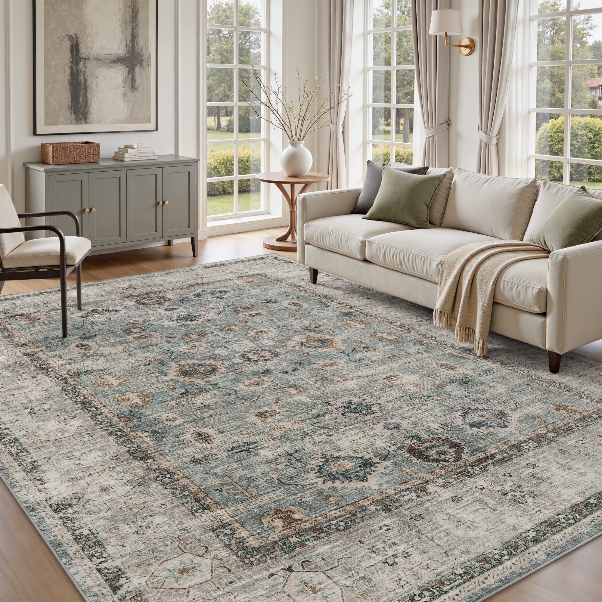 MontVoo Washable Vintage Distressed Oriental Area Rug Green 8'x10'