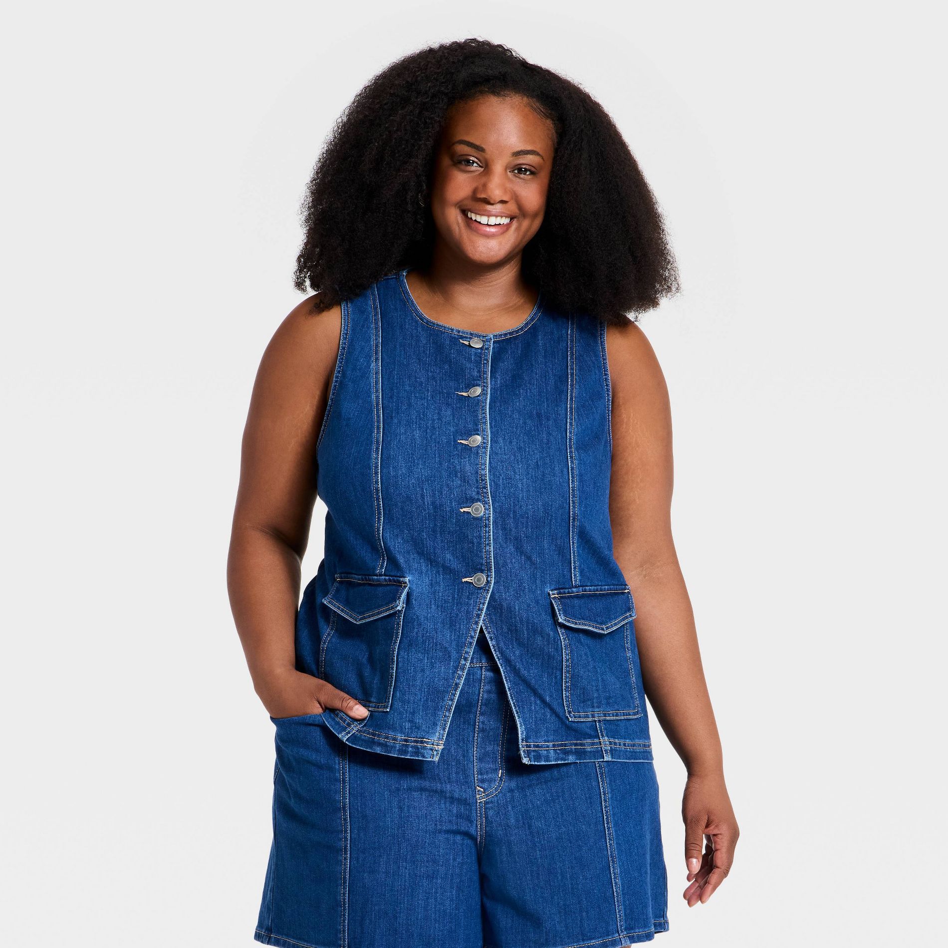 Women's Denim Tailored Vest - Ava & Viv™ Medium Wash