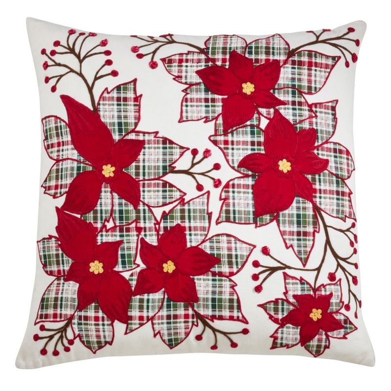Saro Lifestyle Plaid Poinsettia Pillow - Poly Filled, 20" Square, Red, 1 of 4