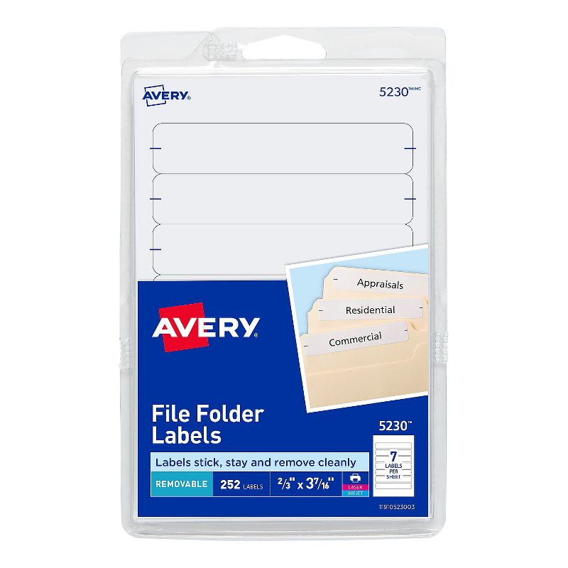 Avery Removable 1/3-Cut File Folder Labels Inkjet/Laser .66 x 3.44 White 252/PK 5230, 1 of 7