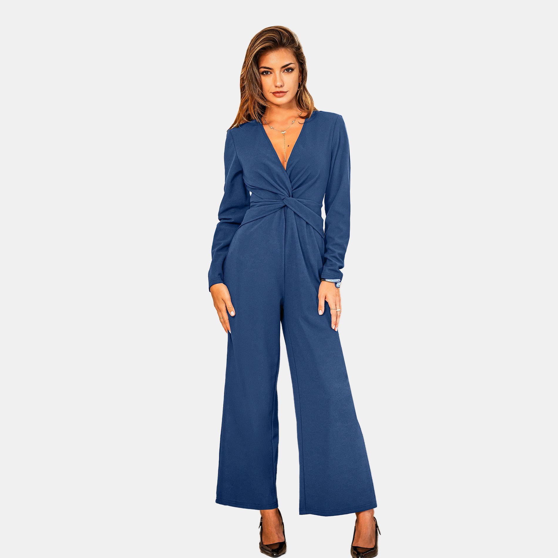 Women's Elegant Navy Blue Twist-Front Wide-Leg Jumpsuit - Cupshe-S-Blue