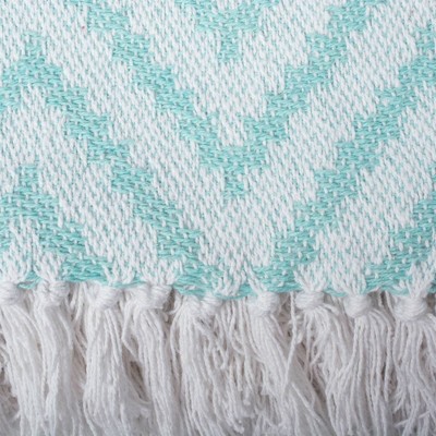 Aqua Chevron Cotton Throw Blanket with Fringe