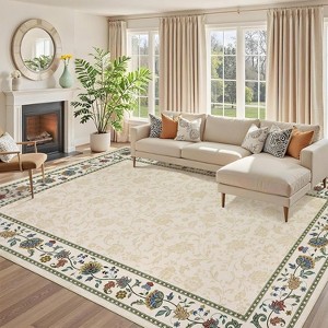 Acekool Floral Area Rug Machine Washable Pearl Velvet Low-Pile Non-Slip Carpet for Living Room Bedroom - 1 of 4