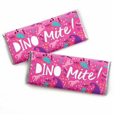Big Dot of Happiness Roar Dinosaur Girl - Candy Bar Wrapper Dino Mite T-Rex Baby Shower or Birthday Party Favors - Set of 24