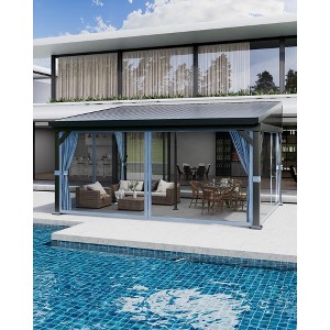 COZONY Wall-Mounted Hardtop Gazebo, Aluminum Lean-To Pergola with Steel Roof, Gutters, Netting & Curtains for Patio, Deck, Backyard - 1 of 4