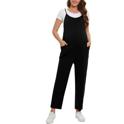 Women's Maternity Jumpsuit Wide Leg Sleeveless Adjustable Strap Pockets Casual Romper with Belt