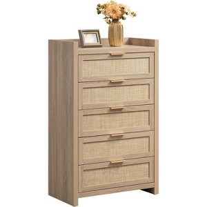 5 Drawer Dresser for Bedroom, Wooden Rattan Chest of Drawers, Large Clothes Storage Cabinet, Boho Night Stand for Living Room, Dark Oak - 1 of 1