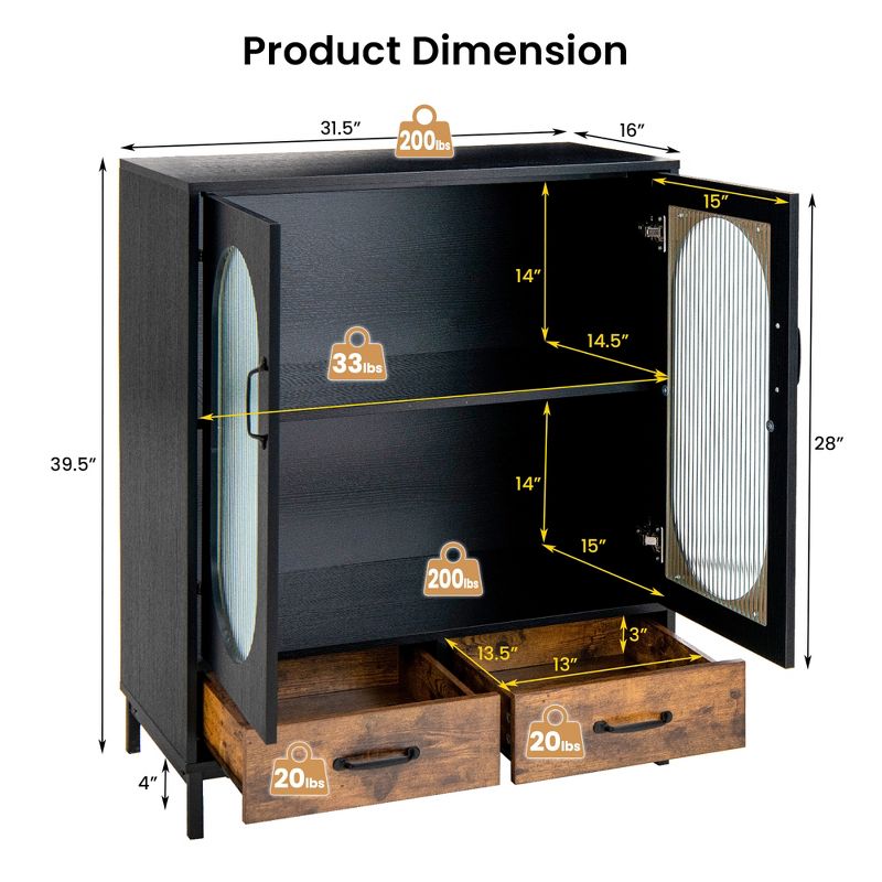 Costway Kitchen Storage Cabinet Freestanding Buffet Sideboard w/ 2 Glass Doors & Drawers, 4 of 11
