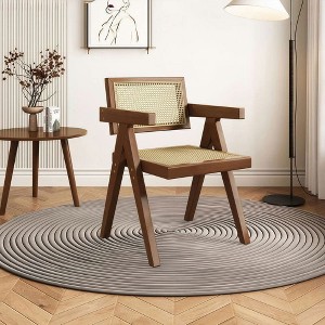 Resenkos Modern Mid Century Dining Chair, Rattan Accent Chairs, Comfy Armchairs, Outdoor Wood Chairs with Armrest, Brown - 1 of 4