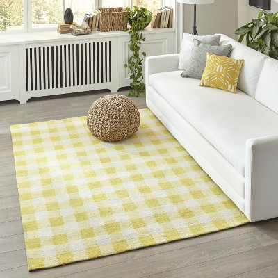 Yellow and White Checkered Polyester Handmade Area Rug