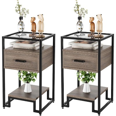 Nightstand Set of 2 - End Table with Storage Drawer 3-Tier Shelving Tempered Glass Top Mid Century Modern Furniture