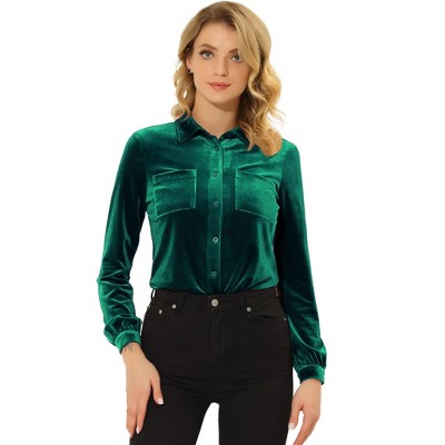 Allegra K Women's Pocket Front Velvet Blouse Long Sleeve Casual Button ...