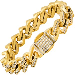 Steeltime Men's 18k gold plated stainless steel and simulated diamonds ice out miami cuban link bracelet. Color Options: Silver, Gold - 1 of 4