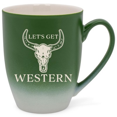 100 North Bull Skull 10 Ounce Green and White Two Toned Ombre, Comfortably Fits Your Hands, Ceramic Tea Coffee Cup Mug, Let's Get Western