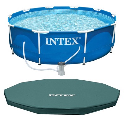 Intex Metal Frame 10' x 30" Above Ground Outdoor Swimming Pool Set with 330 GPH Filter Pump, Cartridge, and Protective Round Pool Cover